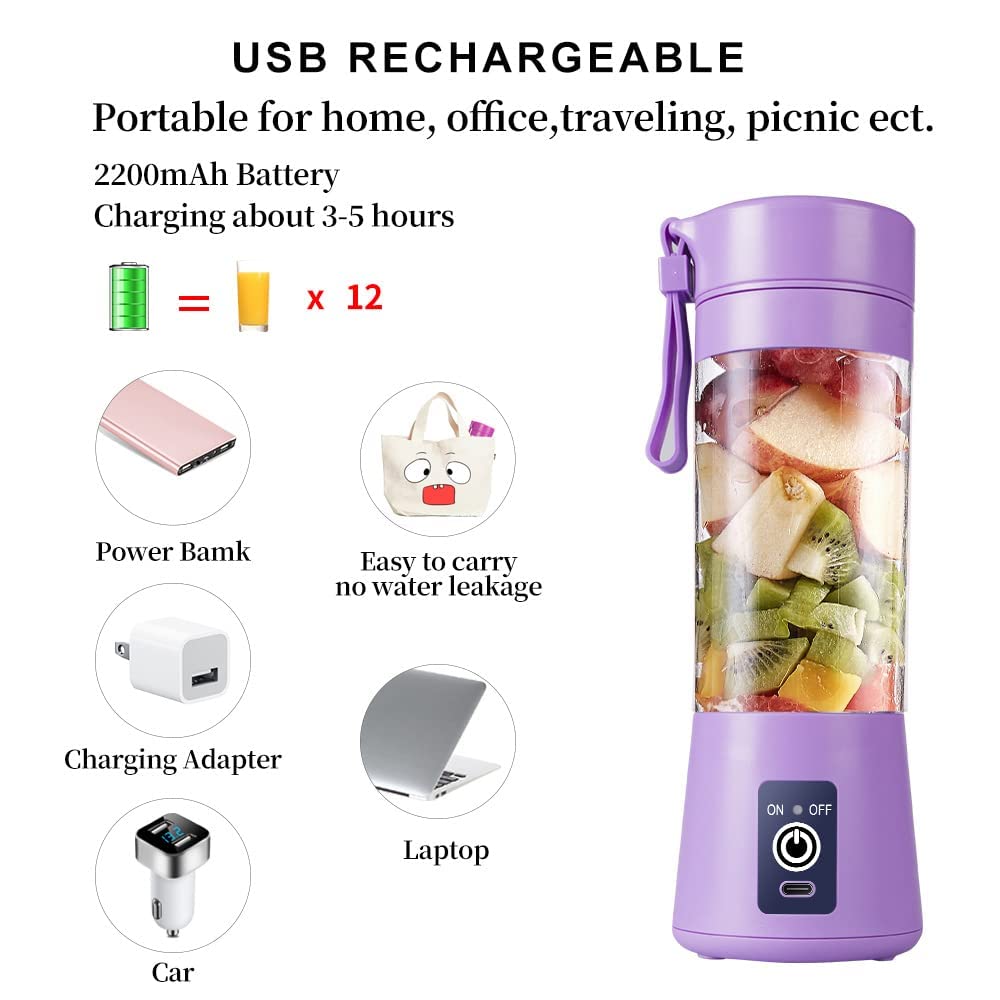 Portable Blender, Personal Blender for Shakes and Smoothies, USB Rechargeable Juicer Mini Blender Cup 380ml