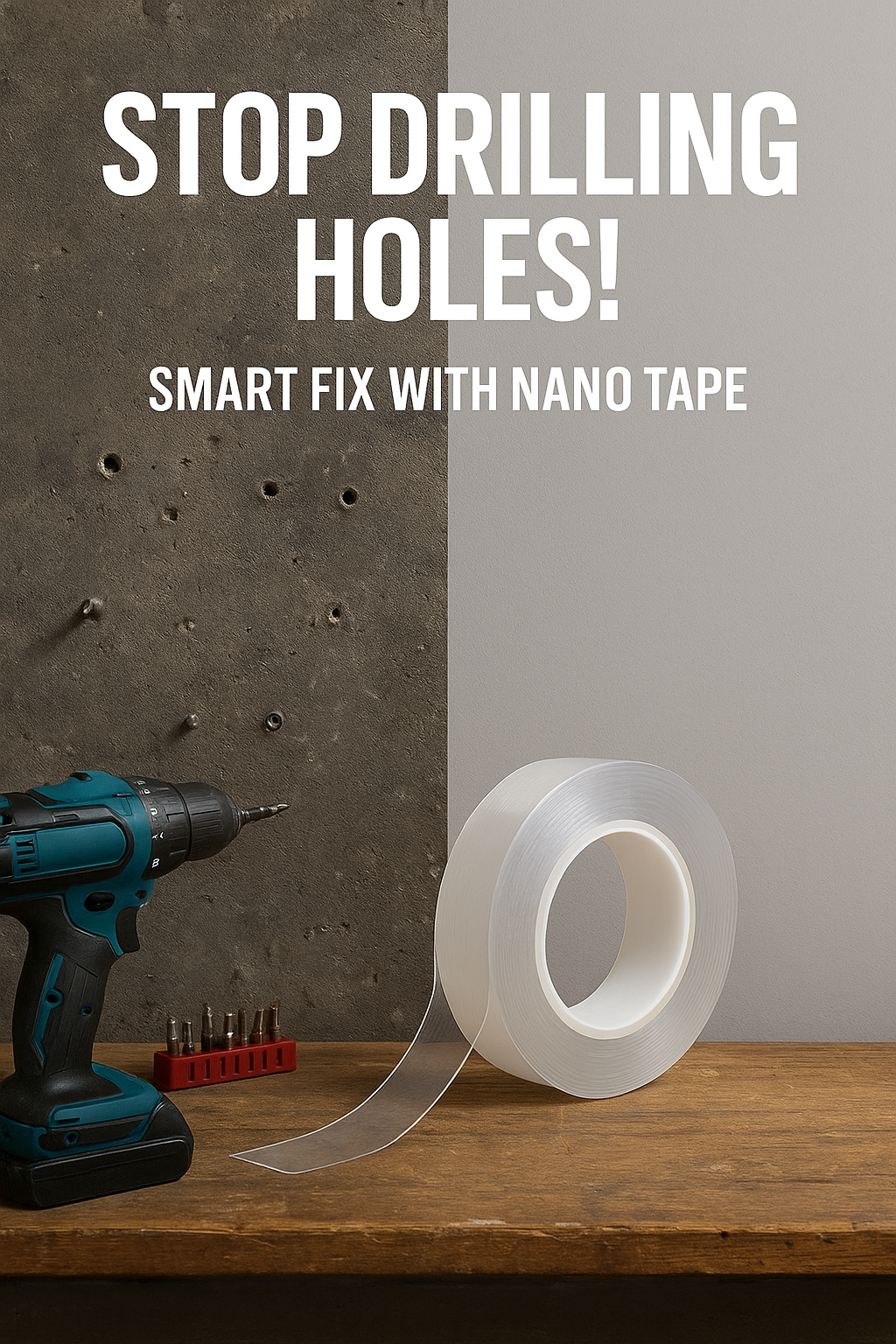 Roll of nano tape with a drill and drilled holes on a wall, promoting its use as a smart fix.